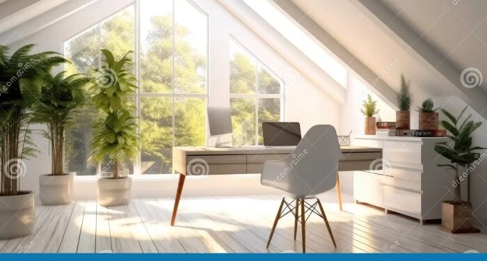 White Interior of Workplace at Home Office for Remote, Work Bright ...